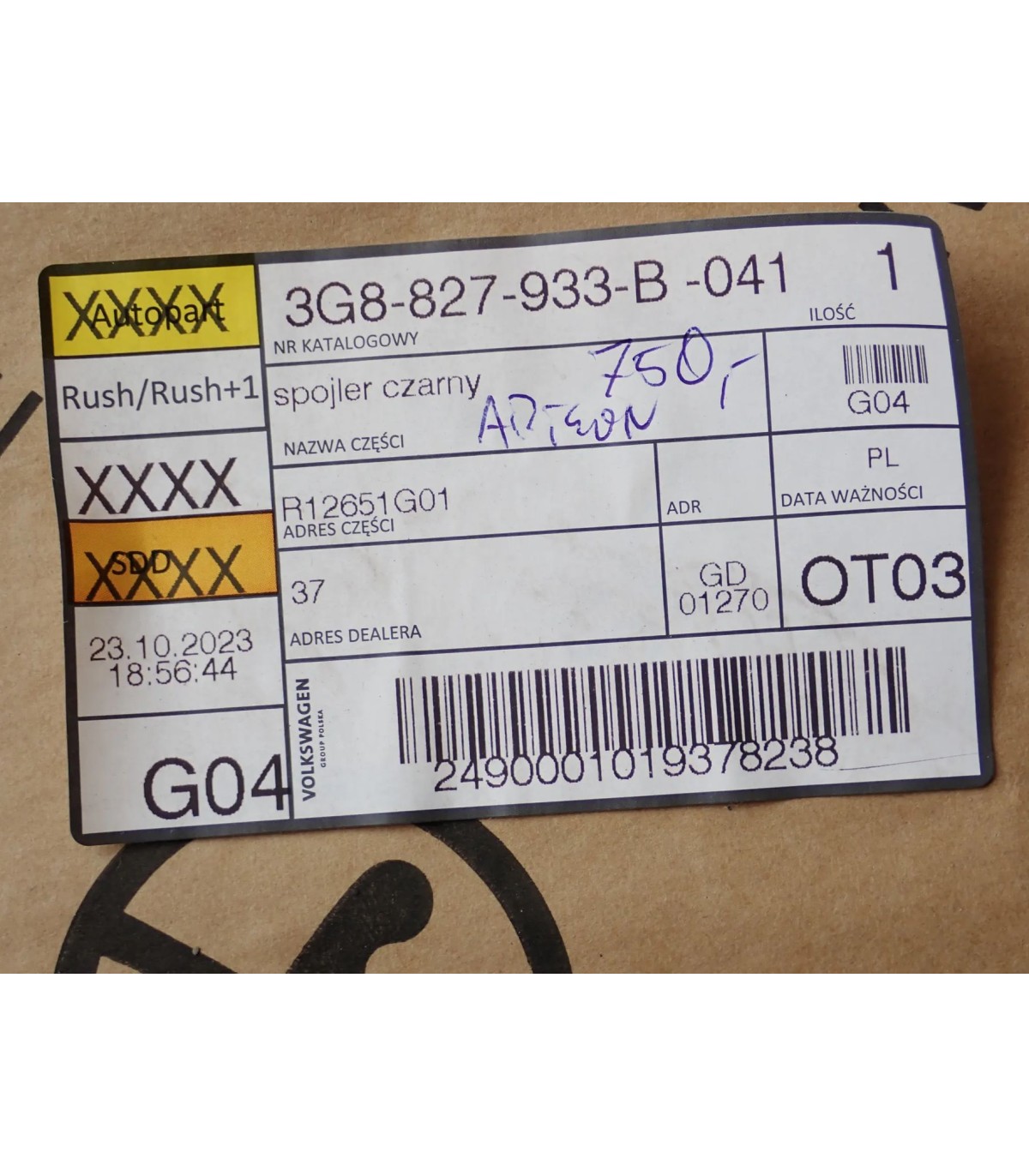 VOLKSWAGEN ARTEON 3G8 SPOILER KLAPY TYŁ 3G8827933B